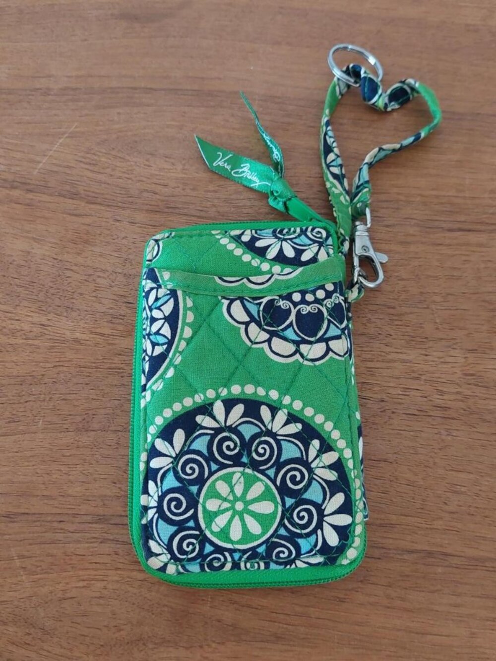 Vera Bradley green, blue, and white floral and paisley print mini wallet with la